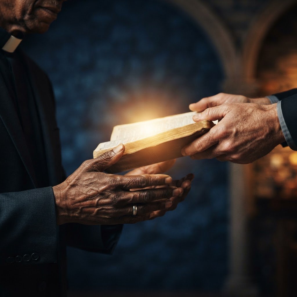 A minister's hands receiving an open Bible glowing with golden light