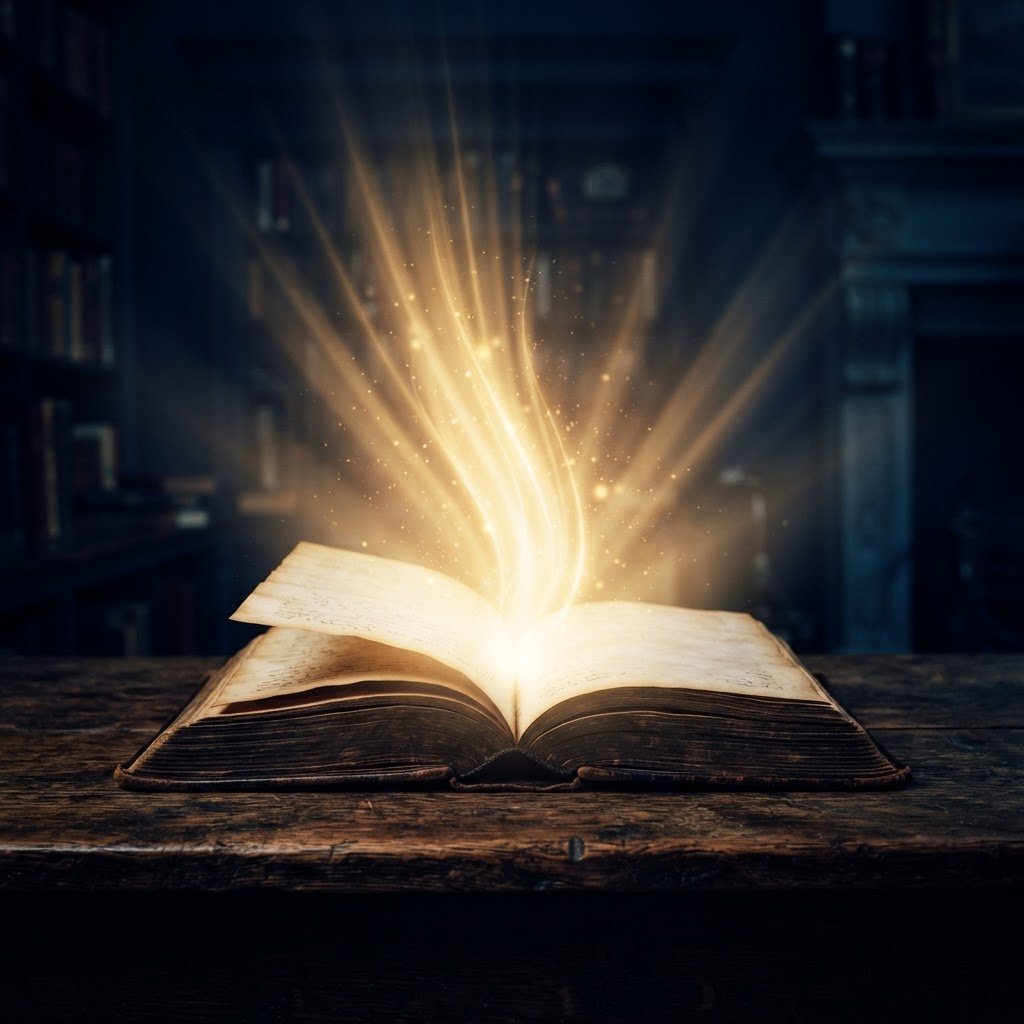 An open book with golden light streaming from its pages