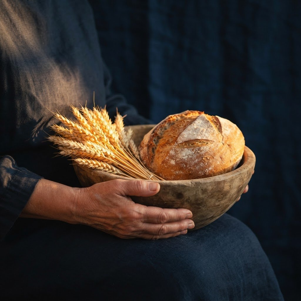 Hands holding a wooden bowl of fresh bread in golden light