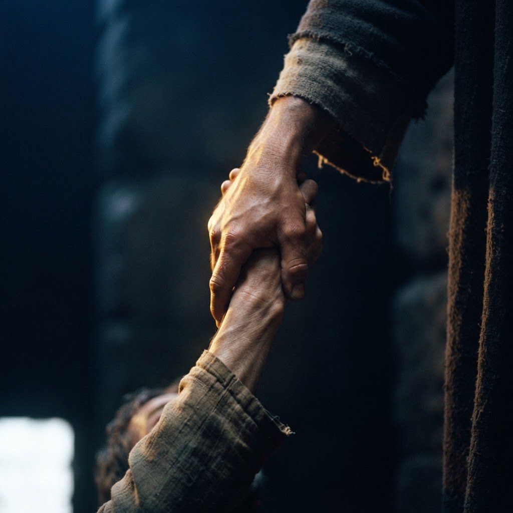 One hand firmly grasping another to help someone rise