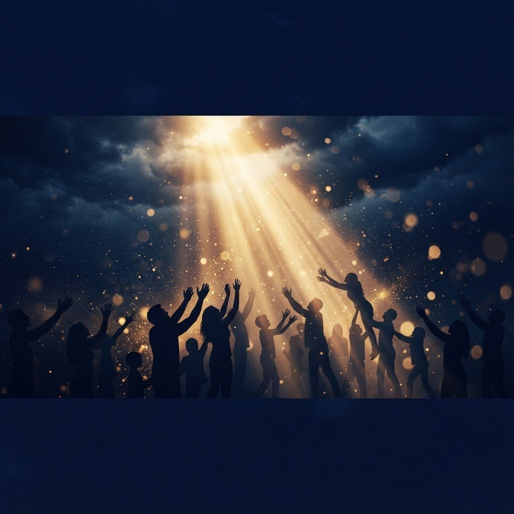 Golden light breaking through deep navy sky as hands lift one another up