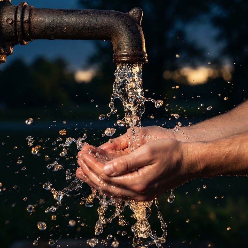 Clean water from a well pump flowing into cupped hands