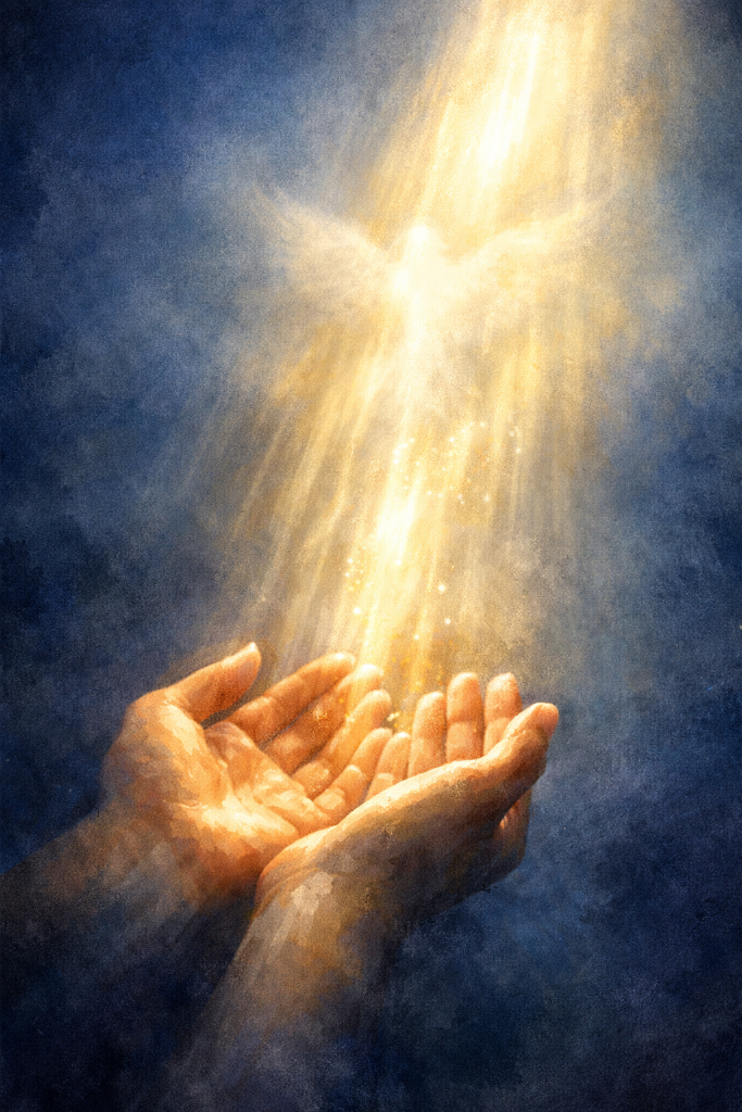 Hands clasped in prayer, guided by the Holy Spirit