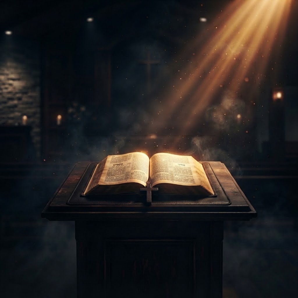The Grace of God teaching series — a glowing open Bible on a wooden podium with golden light rays