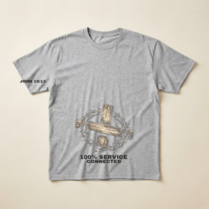 JJM Military Edition Army T-shirt in heather grey with weathered cross, 100% SERVICE CONNECTED, John 15:13