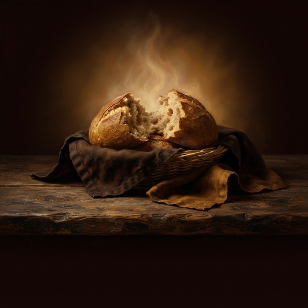 Fresh bread at a warm table in golden light