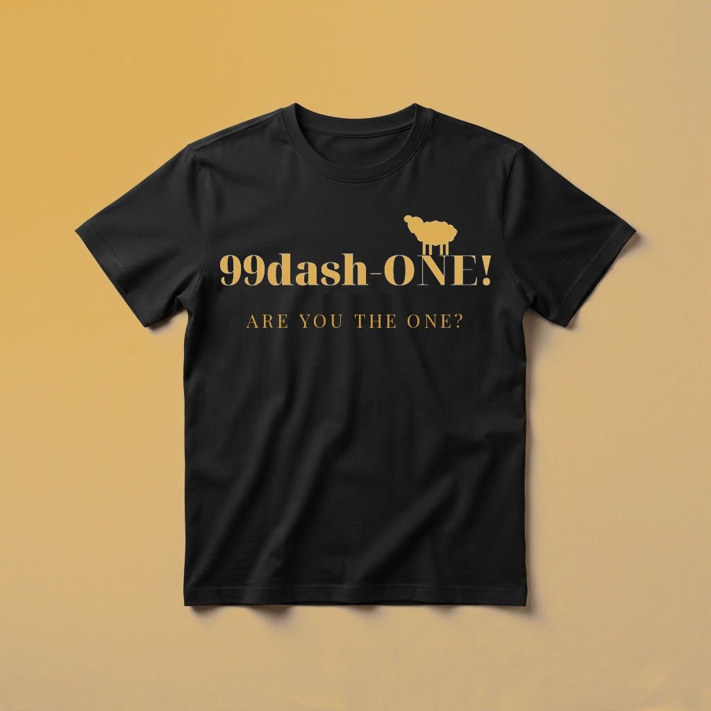 Black 99dash-ONE! tee with gold mark and ARE YOU THE ONE?
