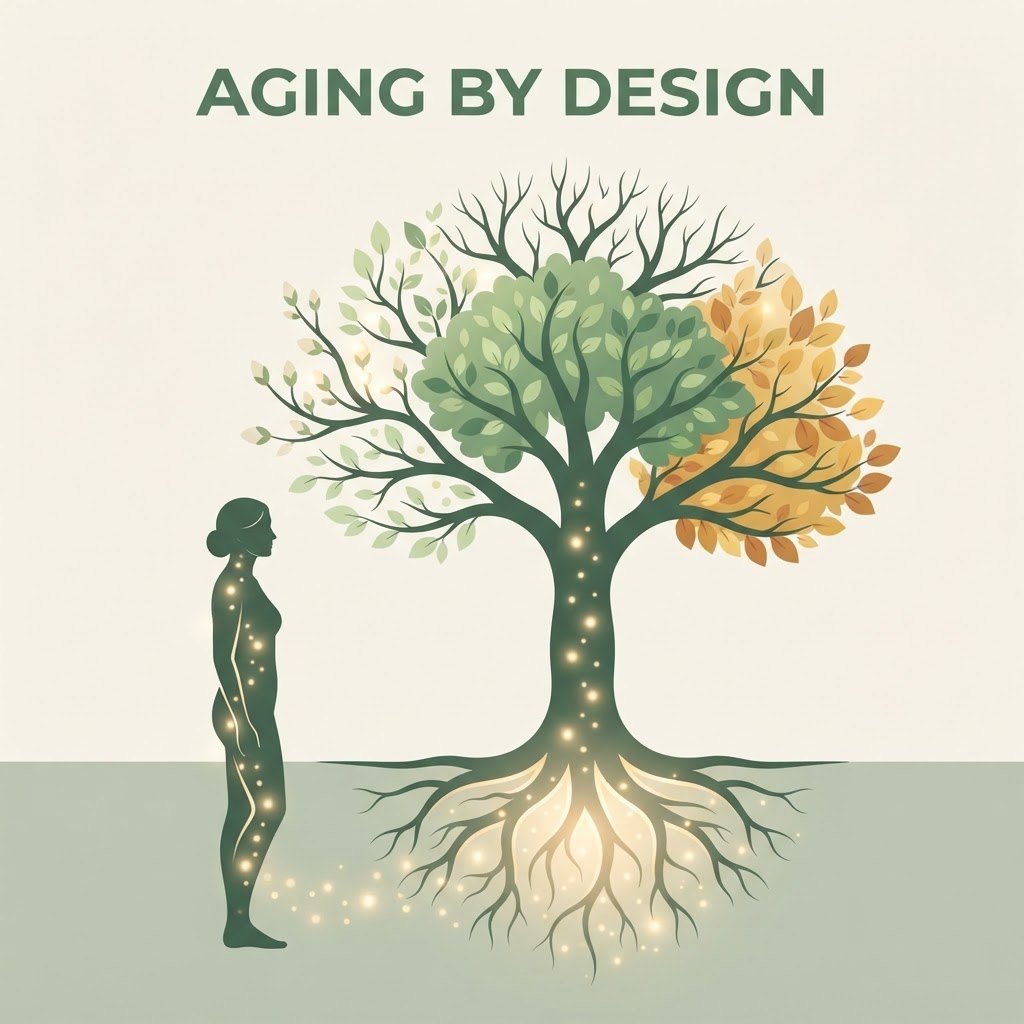 Aging by design illustration: woman silhouette beside a tree moving through four seasons, nourished roots, graceful aging