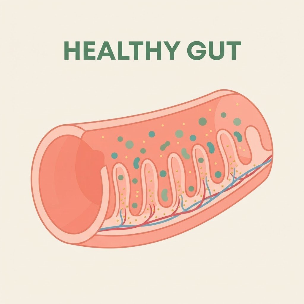 Healthy gut illustration: balanced bacteria, smooth digestion, proper nutrient absorption, strong gut lining