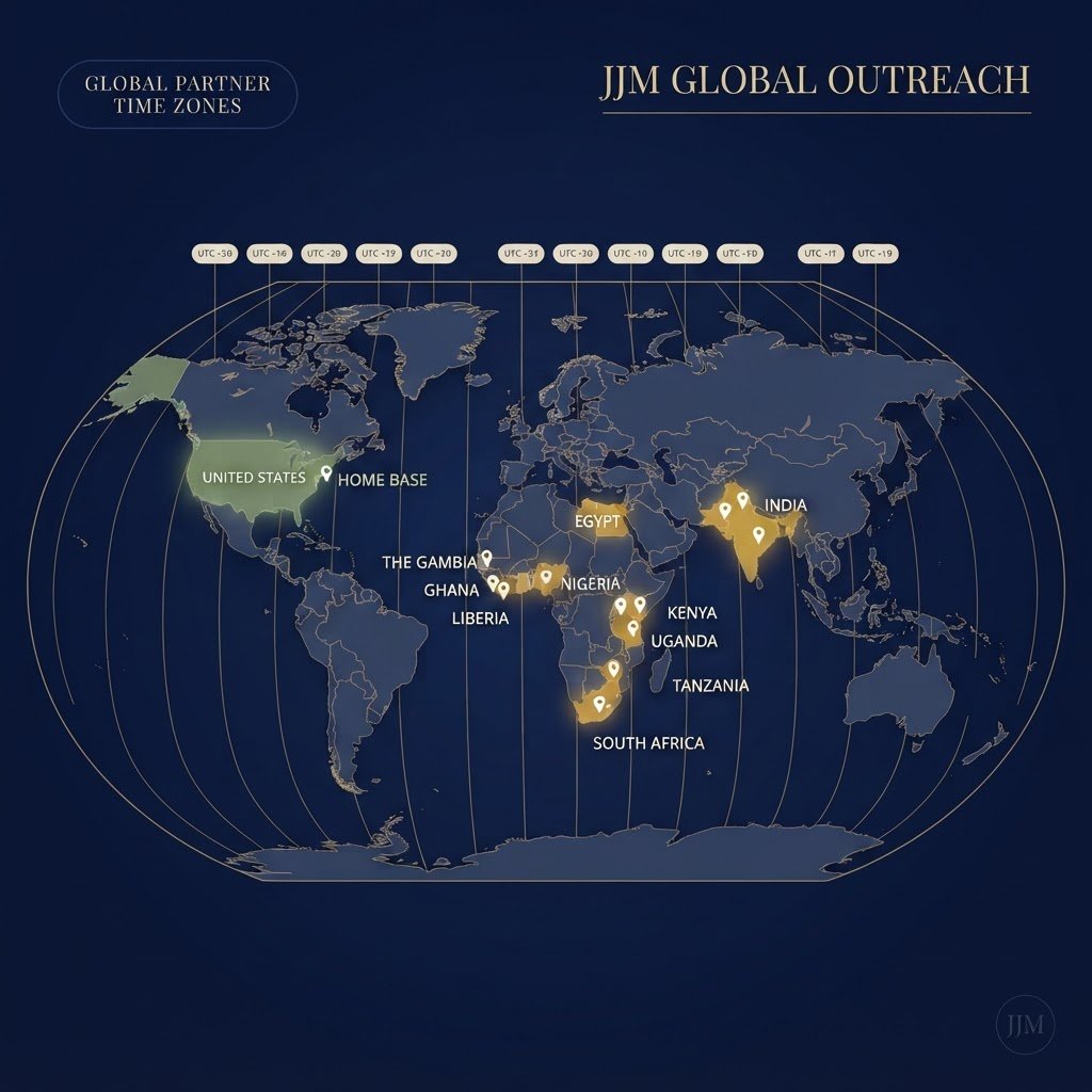 World map showing Jerome Jones Ministries partner nations across the globe